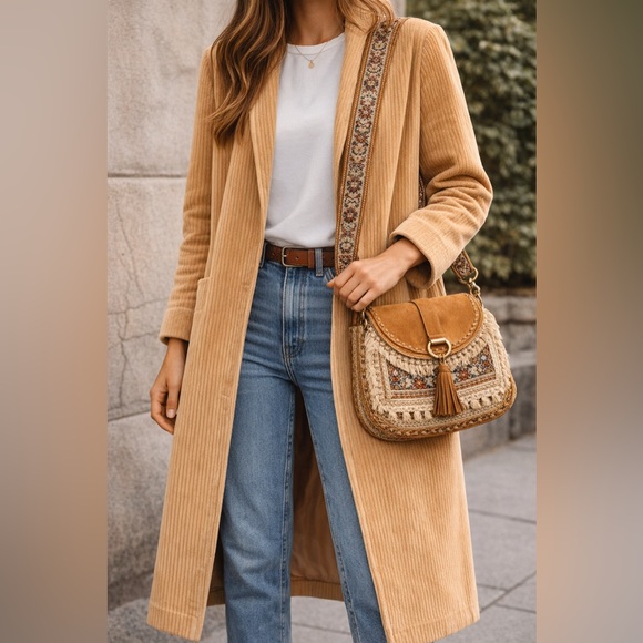 Vintage Jackets & Blazers - Vintage Camel Corduroy Longline Coat | Minimalist Tailored Jacket | M